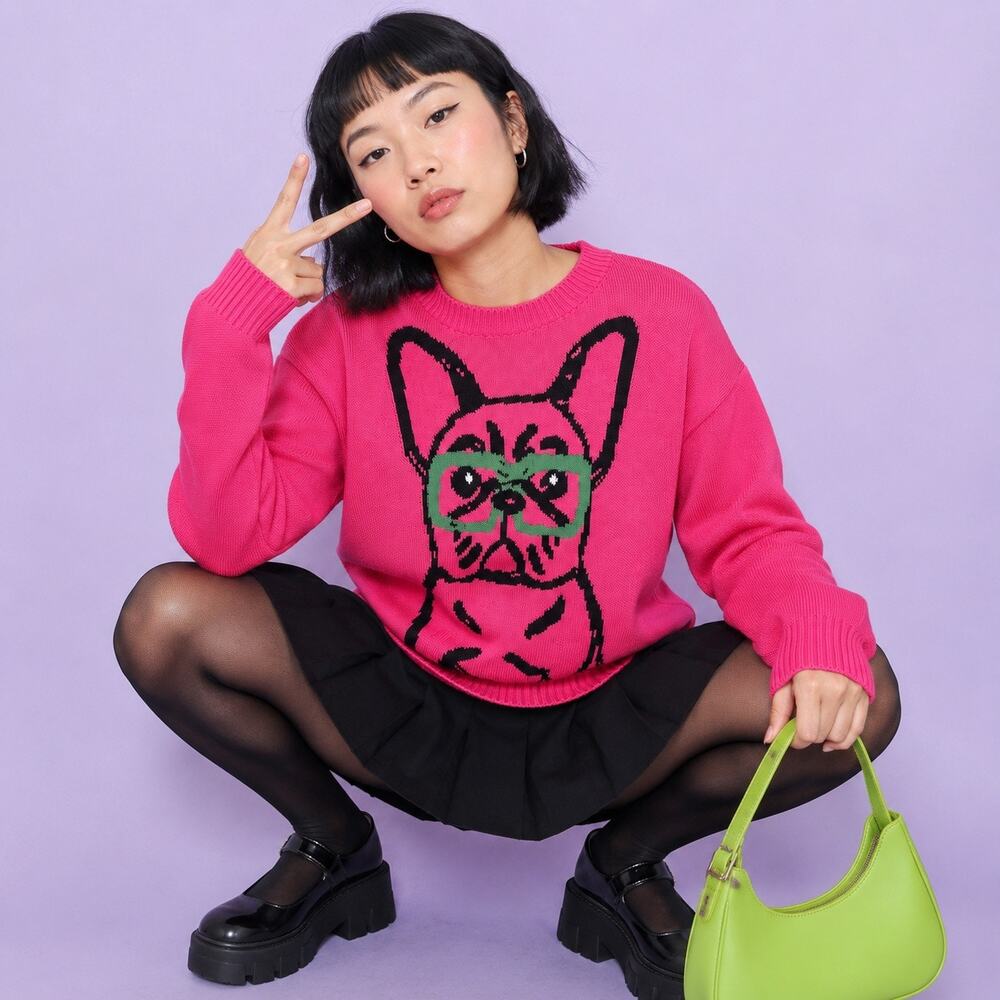 OXKNIT Hot Pink French Bulldog Glasses Sweater M Cotton Dog Knit